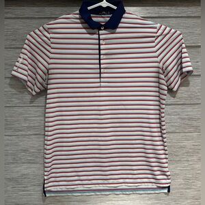 RLX Golf Polo Shirt Mens Large White Blue Pink Striped Bellagio Embroidered Golf